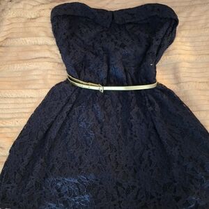 Elegant Navy Lace Dress with Belt